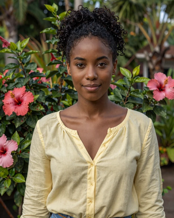Vincentian woman smiling in a tropical garden in Saint Vincent - authentic Caribbean beauty and genuine warmth