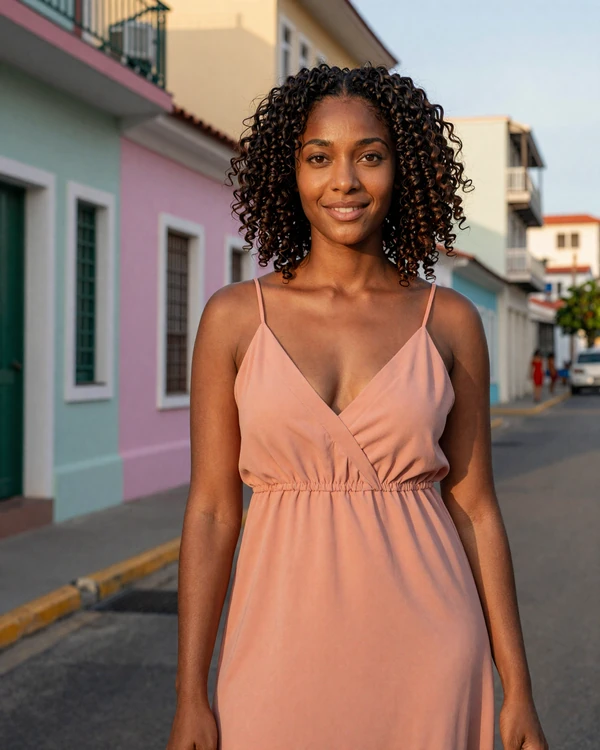 Confident Bahamian woman in coral sundress on a Nassau street with pastel colonial buildings - authentic Bahamian dating culture and island beauty