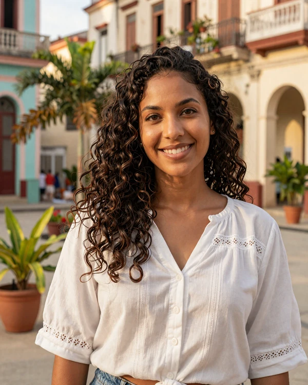 Beautiful Cuban woman smiling in a sunlit Old Havana courtyard - authentic Cuban dating culture and natural Caribbean warmth