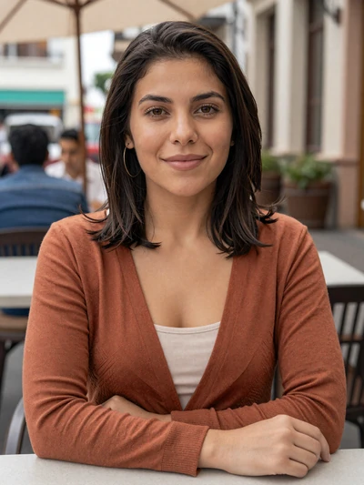 Daniela, 30, Peruvian single from Lima at an outdoor cafe in the Miraflores district