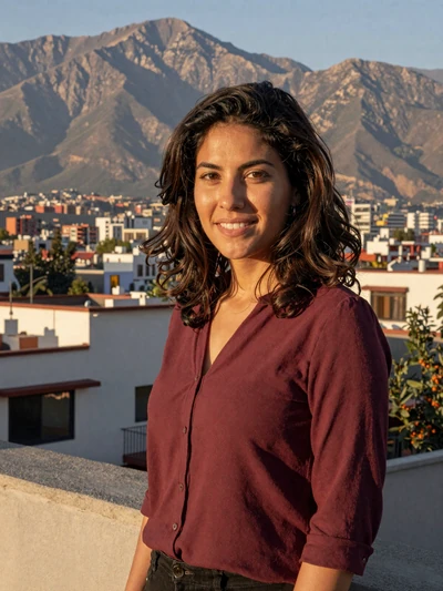 Catalina, 29, Chilean single from Santiago on a rooftop with the Andes in background