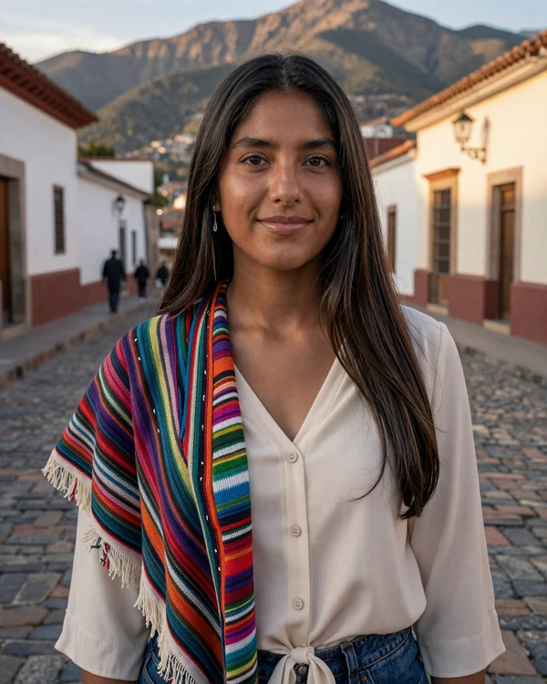 Beautiful Bolivian woman with indigenous heritage in La Paz wearing modern clothing with traditional woven textile accent - authentic Bolivian dating culture