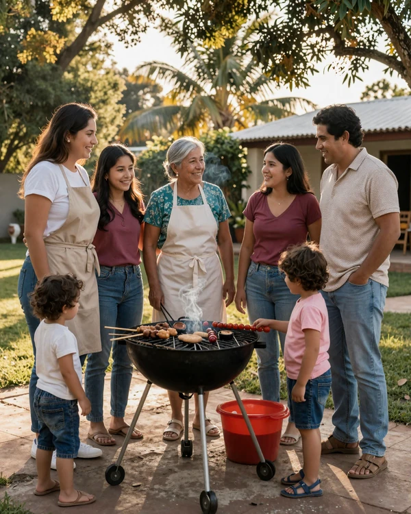 Multi-generational Paraguayan family enjoying traditional asado barbecue - the central family bonding tradition in Paraguayan dating culture