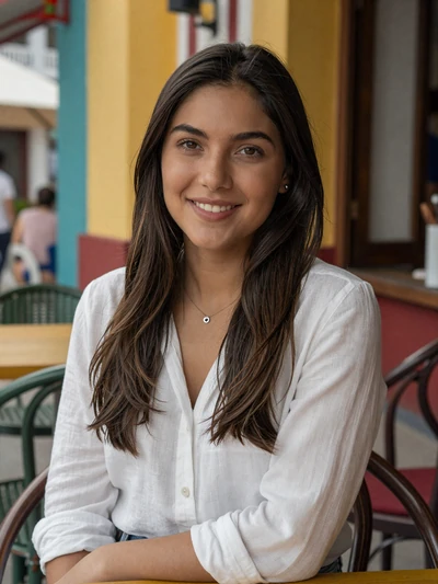 Carolina, 26, Colombian single from Medellín at an outdoor cafe smiling warmly