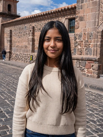 Lucia, 24, verified Peruvian single from Cusco on a historic cobblestone street