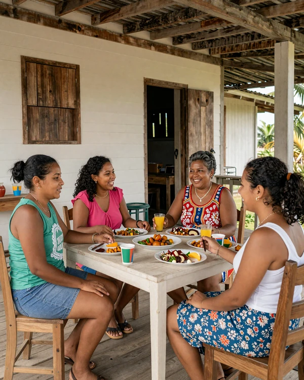 Surinamese family gathering on a traditional porch in Paramaribo - multicultural family values at the heart of Surinamese dating culture