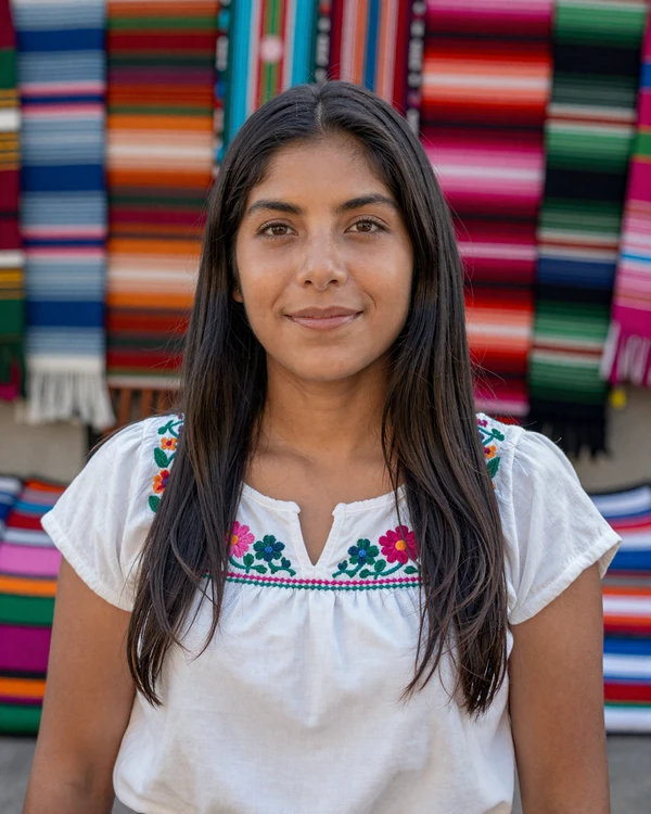 Smiling Guatemalan woman in embroidered blouse at a colorful Guatemalan market - authentic Latin dating culture and Mayan heritage warmth