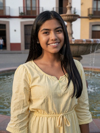 Renata, 25, Mexican single from Guadalajara smiling near a colonial plaza fountain