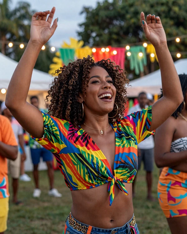 Trinidadian woman celebrating at a Port of Spain fête - the Carnival culture and soca music that fuels Trinidad dating and romance
