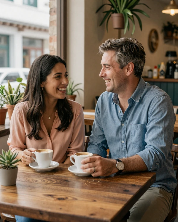 American man and Colombian woman sharing coffee at a traditional café in Colombia - cross-cultural dating connection