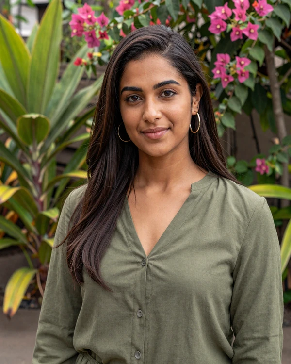 Beautiful Indo-Guyanese woman in a tropical Georgetown garden - authentic Guyanese dating culture reflecting the country's rich multicultural heritage